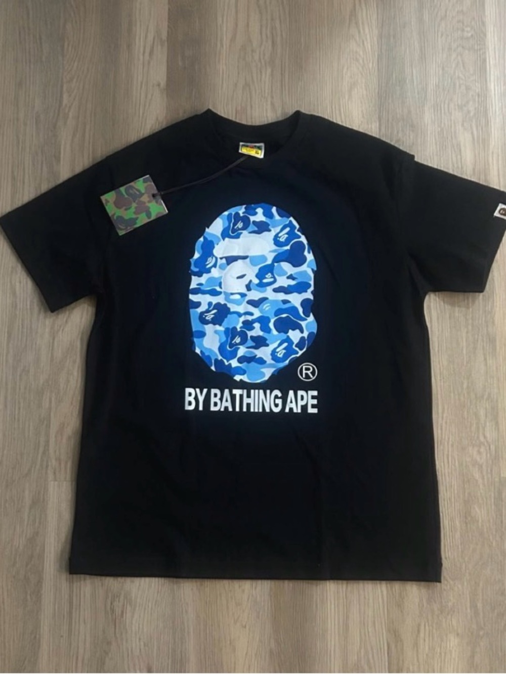 Bape Black Short-Sleeve Tee with Blue Camo Ape Head